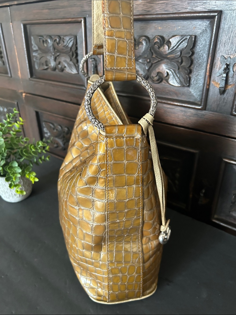 Vintage Brighton Croc-Embossed Leather Hobo Bag in Mustard Brown - Picture 6 of 14